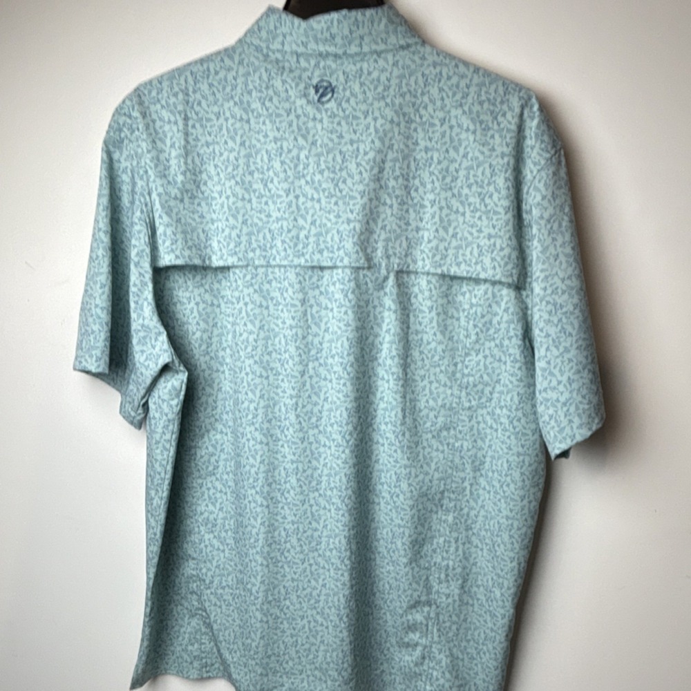 GILLZ Men's Light Blue Fish Pattern Polo Shirt L Zipper Pocket Button Breathable - Picture 7 of 8